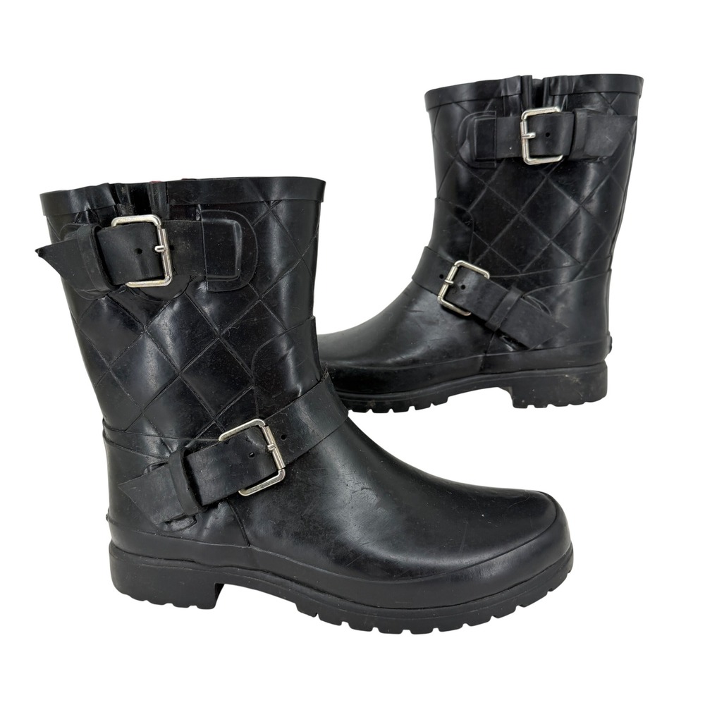 Sperry Top-Sider Quilted Rain Boots Women Size 7 Black Waterproof Moto Buckle